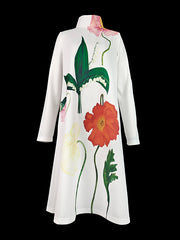 Flower Print Long Sleeves Loose High Neck Midi Dresses