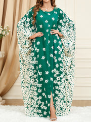 Flower Print Muslim Split-Front Batwing Sleeves Loose Round-Neck Maxi Dresses