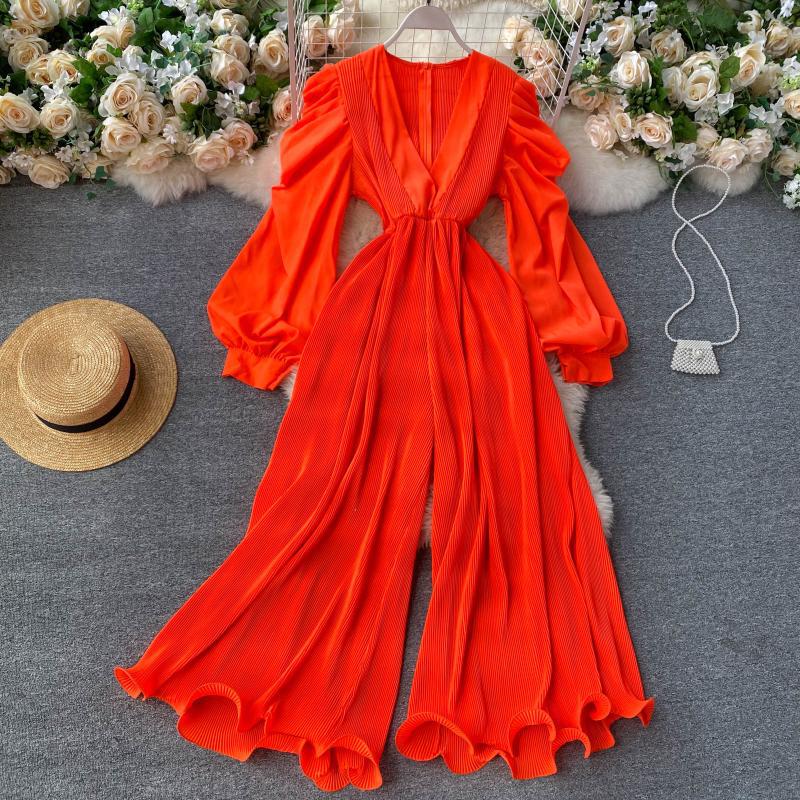 V Neck Long Sleeve Solid Color Casual Jumpsuit Flaxmaker