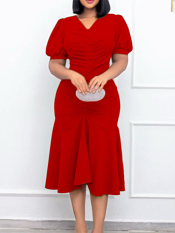 Pleated Solid Color Zipper Bodycon Mermaid V-Neck Midi Dresses