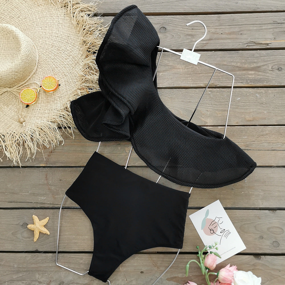 One Shoulder Ruffled Black Bikini Swimsuit Flaxmaker
