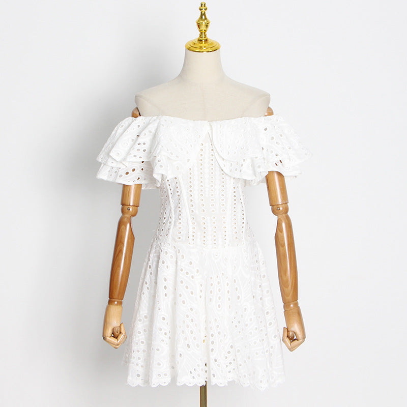 Double Ruffle Embroidery Hollow Out Mini Dress