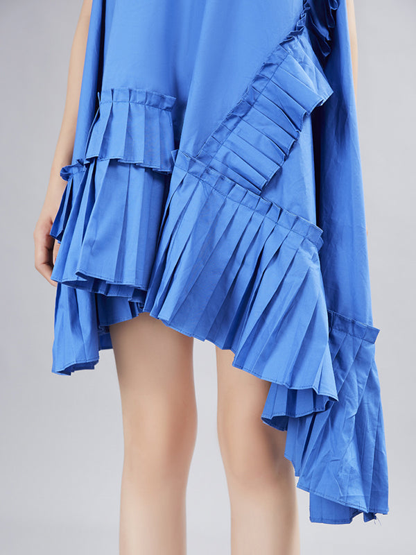 Asymmetric Pleated Solid Color Split-Joint Flying Sleeves Loose Round-Neck Midi Dresses
