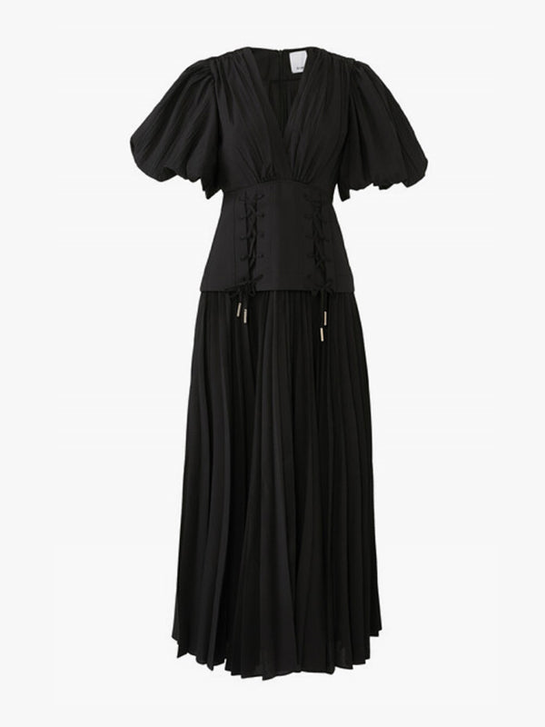 Solid Color Puff Sleeves Pleated High-Waisted Elegant Maxi Dresses