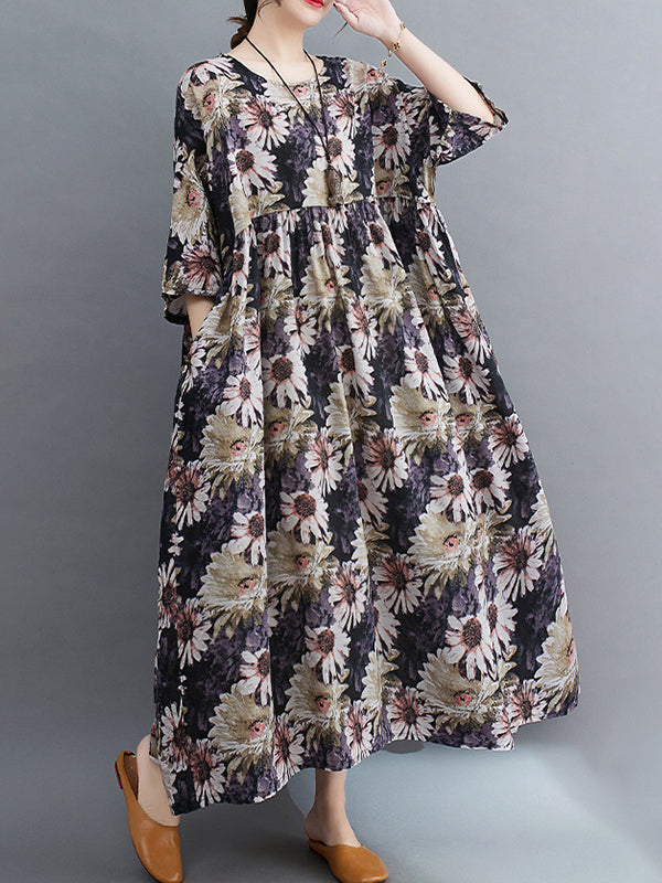 Floral Printed Pleated Split-Joint Loose Raglan Sleeve Round-Neck Midi Dresses