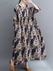 Floral Printed Pleated Split-Joint Loose Raglan Sleeve Round-Neck Midi Dresses