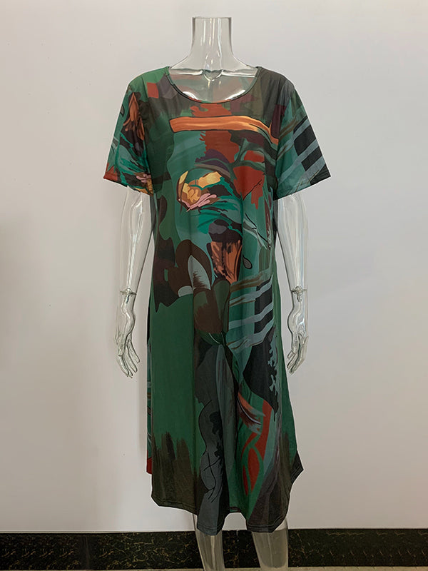 Printed A-Line Loose Round-Neck Midi Dresses