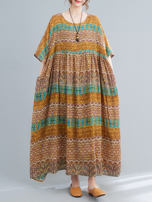 Batwing Sleeves Raglan Sleeve Printed Striped Round-Neck Midi Dresses