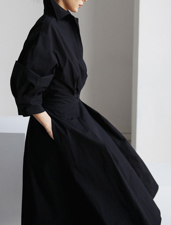 Long Sleeves Loose Pleated Solid Color Split-Joint Tied Waist Lapel Midi Dresses Shirt Dress