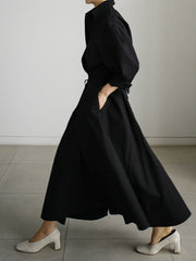 Long Sleeves Loose Pleated Solid Color Split-Joint Tied Waist Lapel Midi Dresses Shirt Dress