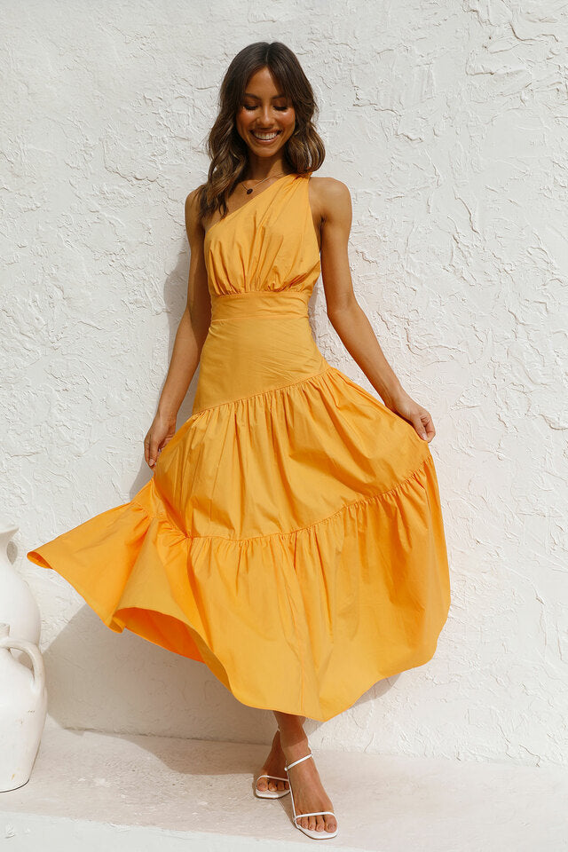 One Shoulder Solid Color Swing Dress