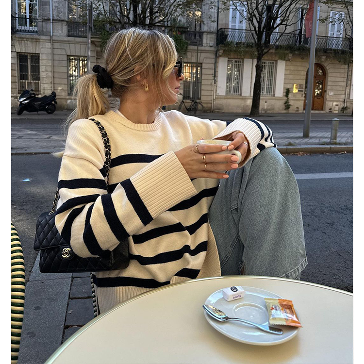 Languid Breeze  Stripes Round Neck Long Sleeve Sweater