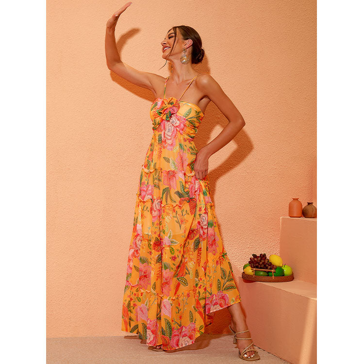 3D Flower Halter Printed Maxi Dress Flaxmaker