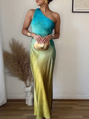 Gradient Color-Block Sleeveless Asymmetric Satin Maxi Dresses