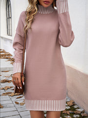 Contrast Color Split-Joint Long Sleeves Loose Mock Neck Sweater Dresses Mini Dresses