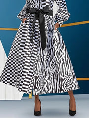 Buttoned Contrast Color Plaid Pockets Tied Waist A-line High Waisted Lapel Midi Dresses
