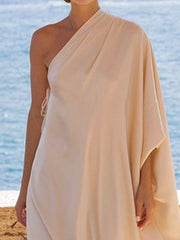 Solid Color Split-Joint Batwing Sleeves Loose One-shoulder Maxi Dresses
