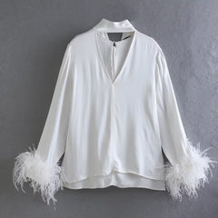 V NeckCut Out Lace Up Blouse Skirt Two Piece Set