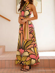 Flower Printed Halterneck Sleevless Elegant Maxi Dresses