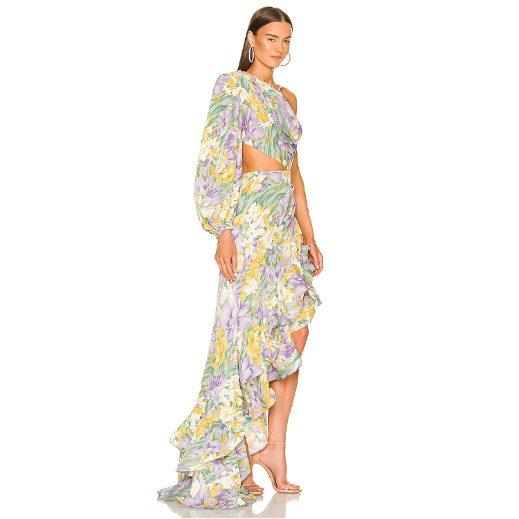 One Shoulder Ruffle Cut out Floral Printed Dress