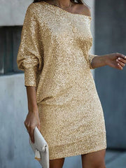 Asymmetric Sequined Solid Color A-line Loose One-shoulder Short Dresses Mini Dresses