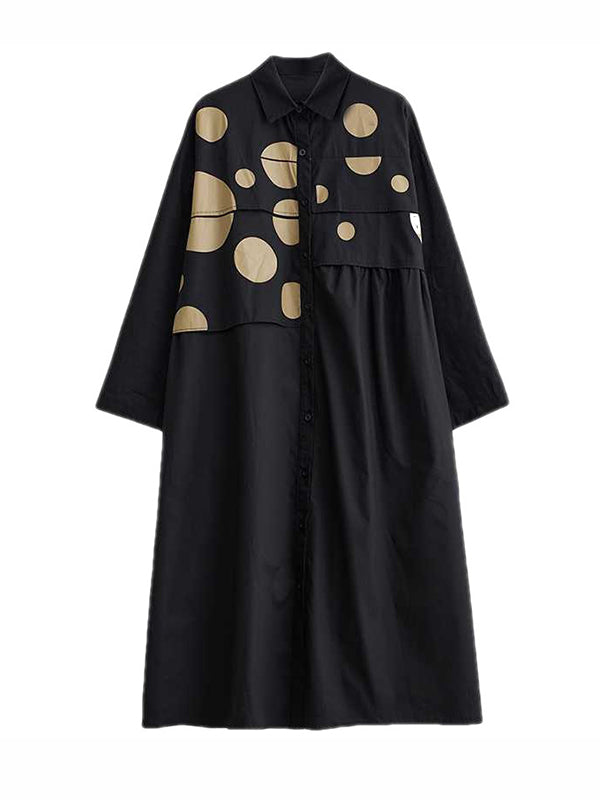 Asymmetric Buttoned Polka Dot Split-Joint A-Line Long Sleeves Lapel Midi Dresses