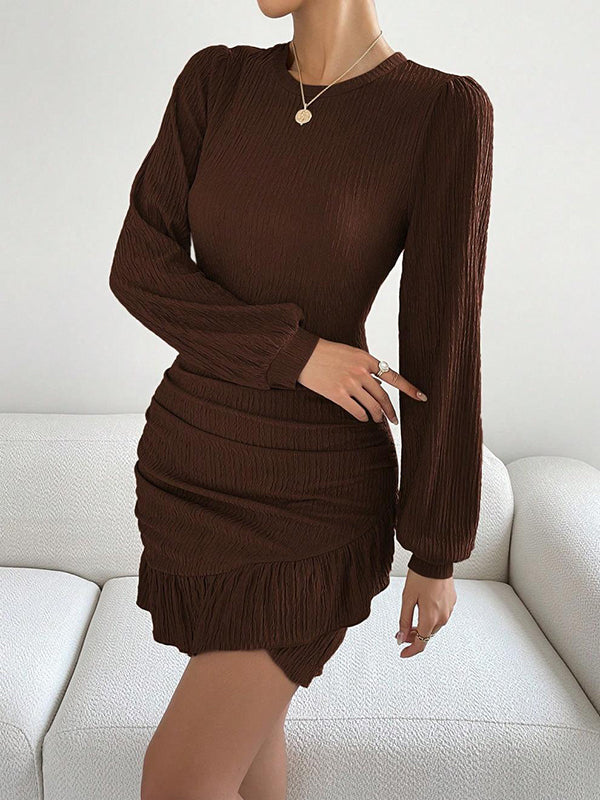 Pleated Ruffle Trim Solid Color Split-Joint Bodycon Long Sleeves Round-Neck Mini Dresses