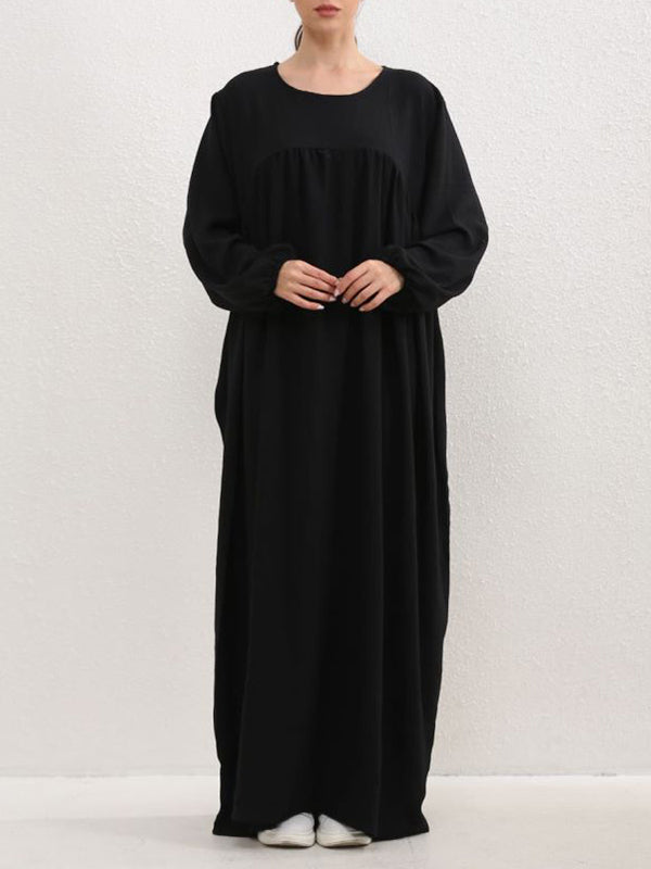 Pleated Solid Color Split-Joint Long Sleeves Loose Round-Neck Maxi Dresses