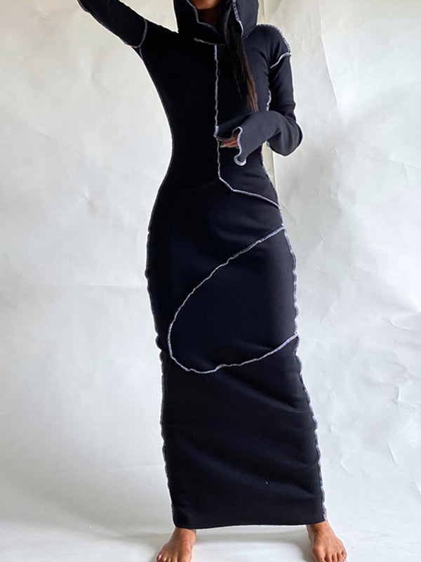 Solid Color Split-Joint Long Sleeves Plus Size Hooded Maxi Dresses