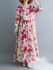 Flower Print Split-Joint Long Sleeves Loose Round-Neck Midi Dresses