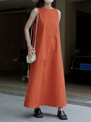 Solid Color Loose Sleeveless Round-Neck Midi Dresses