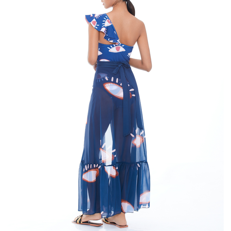 One Shoulder Ruffle Eye Print One Piece Swimsuit and Skirt Flaxmaker