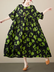 Floral Pleated Loose Round-neck Midi Dresses
