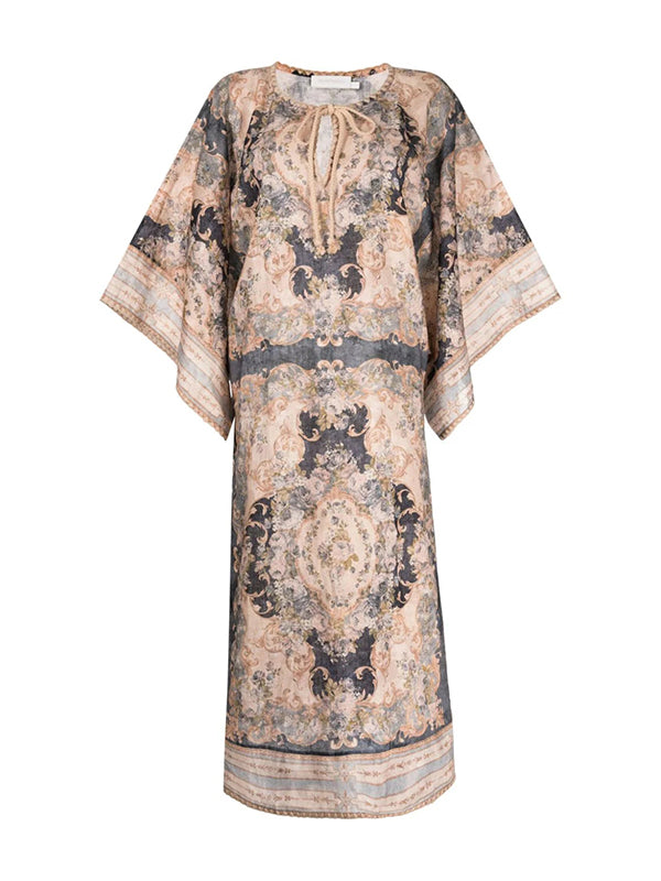 Flower Printed Batwing Sleeves Loose Elegant Kaftan