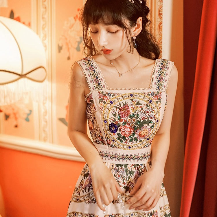 Flaxmaker Retro Printed  Backless Sling Dress