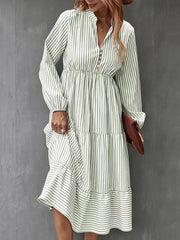 Pleated Split-Joint Striped Loose Puff Sleeves V-Neck Shirt Dress Midi Dresses