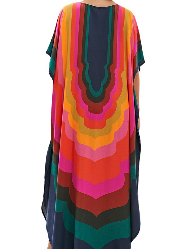 Contrast Color Printed Sun Protection Batwing Sleeves Loose Round-Neck Maxi Dresses