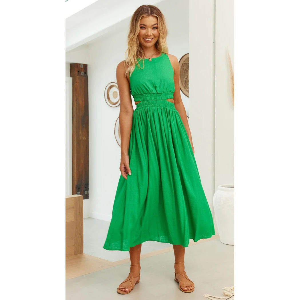 Backless Sexy O-neck Show Waist Dress