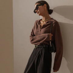 Fabulous Solid Color Collared V Neck Long Sleeve Sweater - Coffee