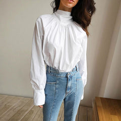 Fabulous Solid Color Ruched Bow Tie Trim High Neck Long Sleeve Blouse - White
