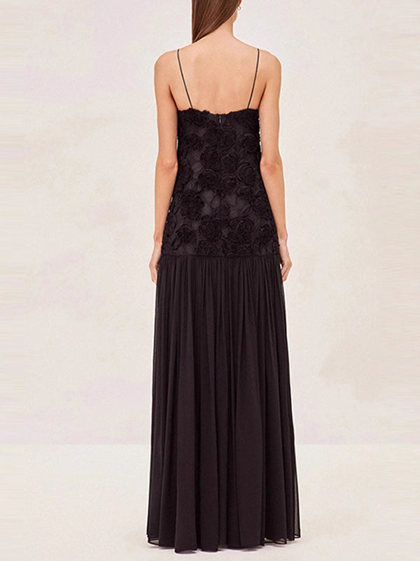 3D Flower Pleated Splicing Sleevless Spaghetti-Neck Elegant Maxi Dresses