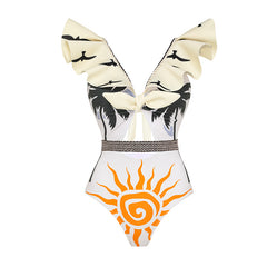 V Neck Ruffle Printed Chain Lace Up One Piece Swimsuit and Skirt(Shipped on Jan 10th)