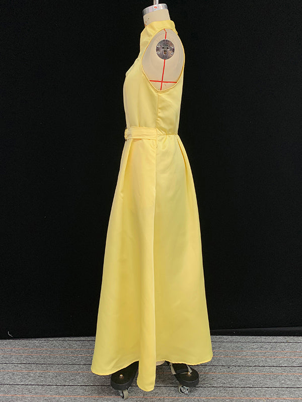 Belted Pleated Pockets Solid Color A-line Loose V-neck Midi Dresses
