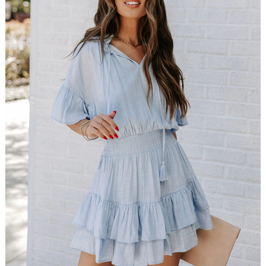 V-neck Ruffled Solid Color Dress