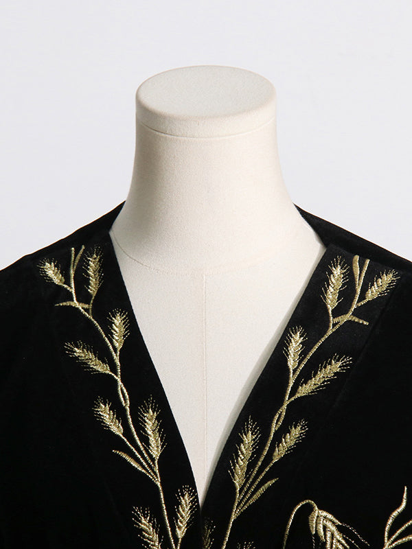 Embroidered Tied Waist Loose Puff Sleeves V-Neck Mini Dresses