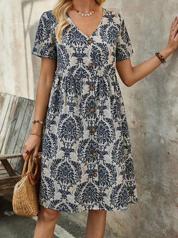 Buttoned Pleated Printed Split-Joint A-Line High Waisted V-Neck Mini Dresses