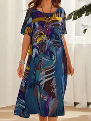 Printed A-Line Loose Round-Neck Midi Dresses