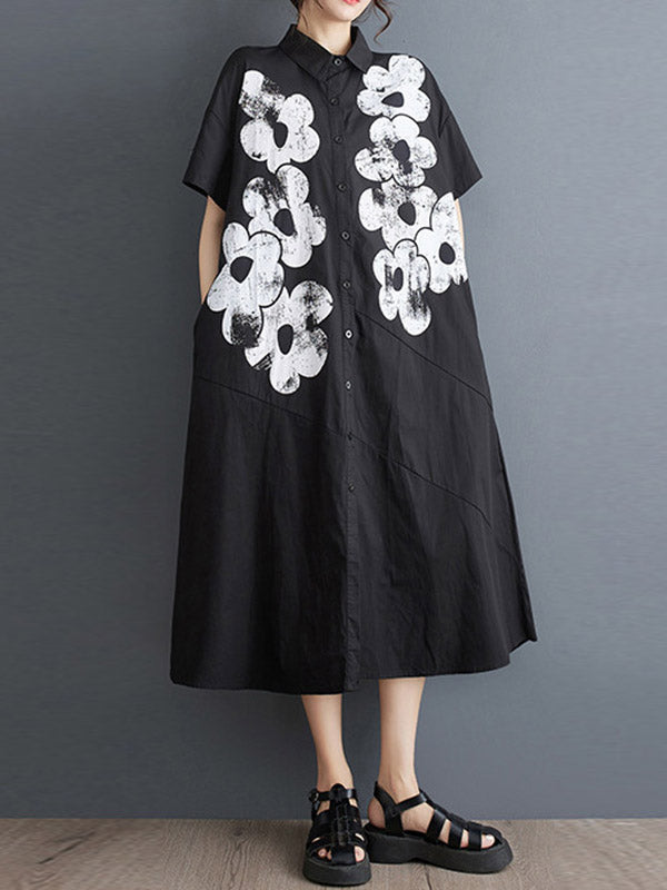 Asymmetric Buttoned Flower Print A-Line Loose Lapel Shirt Dress Midi Dresses