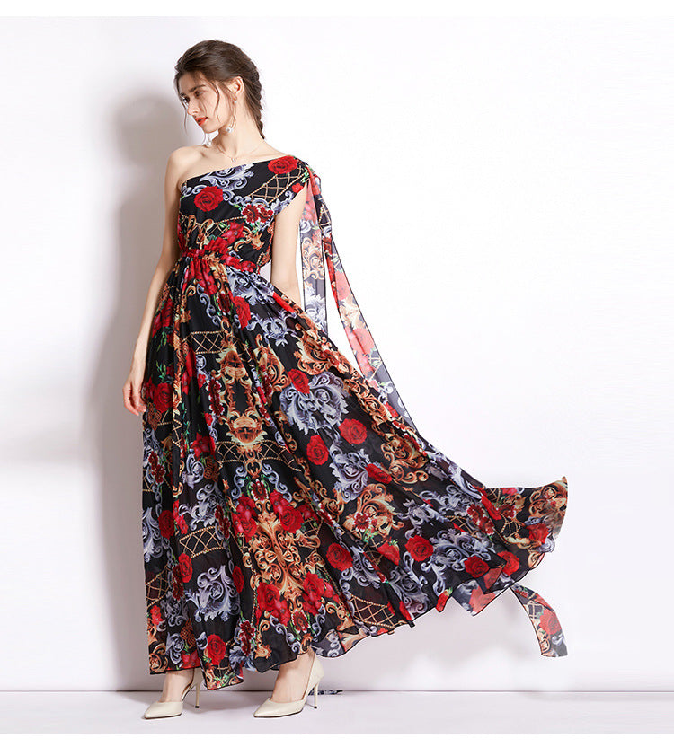 Flaxmaker Blossom Printed One Shoulder Lace Up Maxi Chiffon Dress