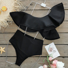 One Shoulder Ruffled Black Bikini Swimsuit Flaxmaker
